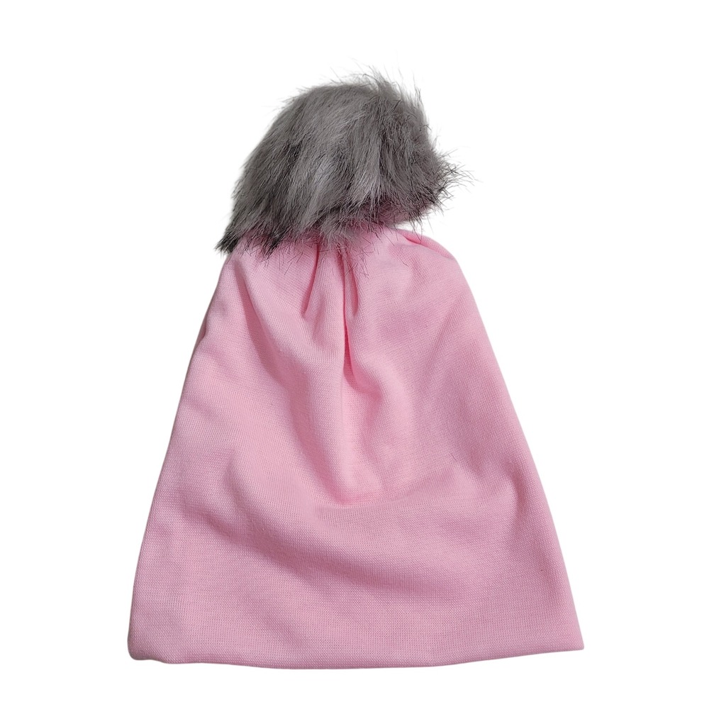 Unbranded Beanie Kids OS Pink Faux Fur Pom Knit Hat winter cozy, cold weather